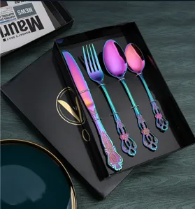 Rainbow stainless steel flatware set with vintage embossed handles packed in a black gift box