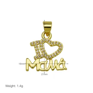 Gold plated hollow heart Mamá pendant necklace accessory with rhinestone details, 16x21mm 1.4g