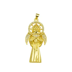 Gold-plated Grim Reaper pendant necklace with shimmering cubic zirconia micro-pave stones.