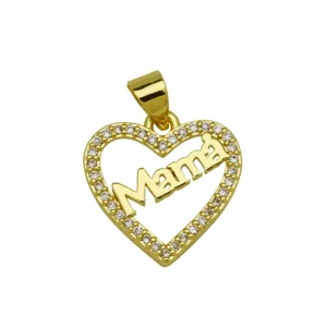 Ciondolo a cuore placcato oro accessorio collana con zirconi cubici e scritta Mama.