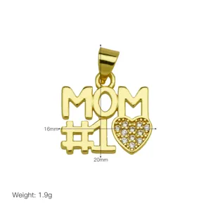 Gold plated MOM #1 heart pendant necklace accessory with sparkling cubic zirconia stones.