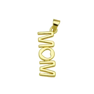 Close-up of a gold-plated MOM vertical letter pendant with hollow heart detail for gifts.