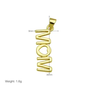 Gold MOM letter pendant detail, featuring a hollow heart design, height 30mm, weight 1.6g.
