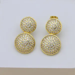 18k gold plated copper paved cubic zirconia double round disc stud earrings for women fashion