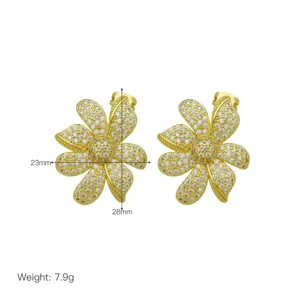Gold Flower Pave Zirconia Earrings 18K Gold Plated Luxury Fashion Women Jewelry