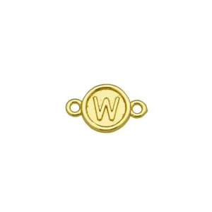 Connettore charm lettera W rotonda in metallo dorato, dettaglio bracciale DIY goffrato 3D liscio.