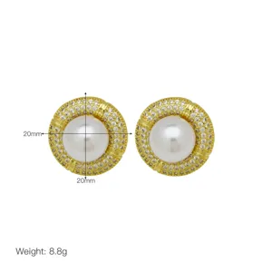 Elegant 18K gold plated pearl zircon stud earrings for women, classic round 20mm design.