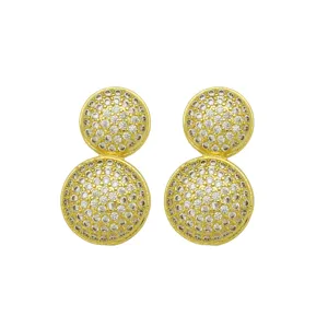 Detailed shot of double sphere pave cubic zirconia 18k gold plated brass earrings.