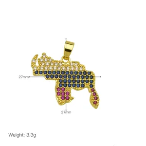 Exquisito colgante collar mapa de país de cobre bañado en oro 18K piedras circonita brillante.