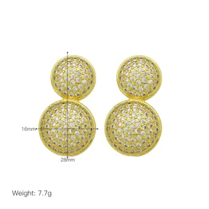 Gold plated double circle zircon stud earrings fashion elegant jewelry gift for women 16x28mm