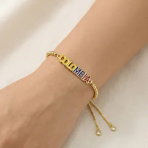 Vergoldetes Kupfer Strass Landkarte Charm Armband Emaille Kolumbien Nationalflagge Herz Anhänger Verstellbares Perlenarmband Reise Gedenkschmuck Für Damen Geschenk