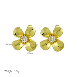 Detailed shot of gold plated four petal flower zircon stud earrings 22mm size and weight