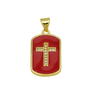Exquisite gold plated red enamel rhinestone cross pendant necklace detail, sparkling jewelry