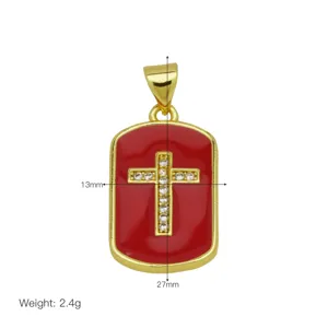 Gold plated red enamel cross pendant necklace accessory with sparkling zirconias.