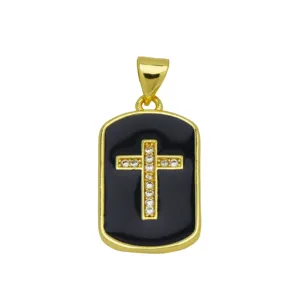 Close-up detail view of the gold-plated square cross pendant with sparkling cubic zirconia.