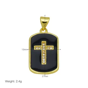 Gold plated cross pendant detail view, black enamel dog tag with sparkling stones 13x27mm
