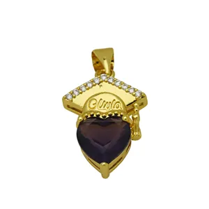 18K Vergoldet Doktorhut Anhänger Herz Lila Edelstein Zirkonia Halskette Schmuck