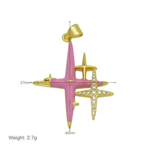 Gold Plated Pink Enamel Star Cross Pendant Necklace Sparkly CZ Detail 27x40mm Jewelry