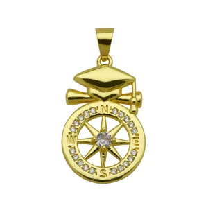 Vergoldeter Doktorhut Kompass Anhänger mit glitzerndem Zirkonia Schmuck für Absolventen