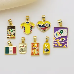 Gold plated enamel pendant necklace charms set cute cartoon food flag accessories for DIY