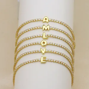 Women Copper Gold Plated Balloon Bubble Initial Zirconia Bracelet For Women Cute Alphabet Initial Pave Zircon Bracelet Adjustable DIY Jewelry