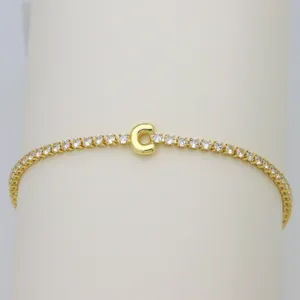Gold Plated Crystal Tennis Bracelet Bubble Letter C Charm Elegant Dainty Wrist Jewelry