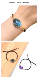 Natural gemstone adjustable braided bracelet with bezel setting and metal accents for couples.