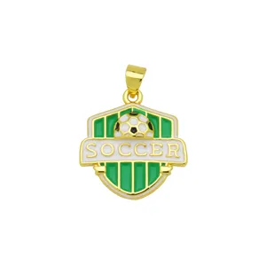 Close-up detail of the gold-plated shield pendant featuring green stripes and soccer theme.