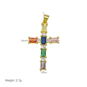 Close-up detail of the 18K gold plated multi-color cubic zirconia cross pendant accessory.