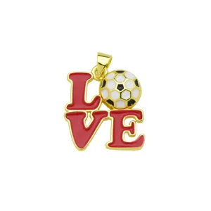 Gold metal red enamel LOVE soccer pendant fashion sports necklace accessory detail view
