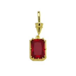 Detailed view of square red cubic zirconia pendant, 18k gold plated brass jewelry accessory.