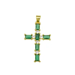 Exquisite gold plated green zirconia cross pendant necklace sparkling detail accessory for women