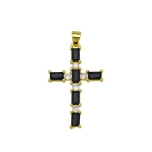 Exquisite 18K gold plated cross pendant featuring stunning black and white cubic zirconia stones.