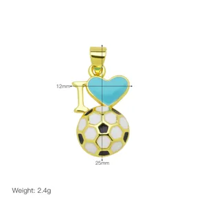 Close-up detail of gold-plated soccer ball and blue heart pendant with size dimensions.