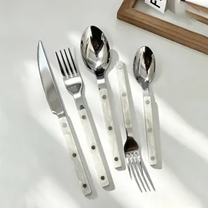 Set de couverts en acier inoxydable avec poignées nacrées blanches, coutellerie de table élégante.