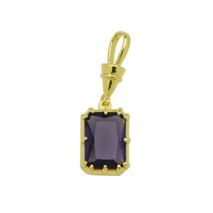 Detailed view of square purple cubic zirconia pendant, 18k gold plated brass jewelry accessory