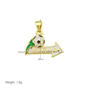 Gold-plated enamel football arrow pendant detail view, sports style jewelry accessory.