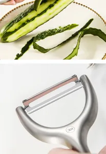 Stainless steel vegetable peeler detail showing sharp blade and durable 304 material close up.