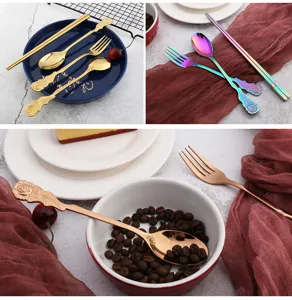 Luxury retro stainless steel cutlery set with vintage rose relief handles, elegant tableware.