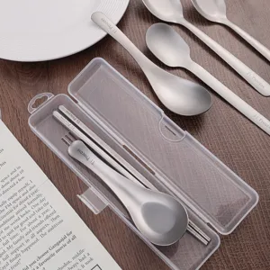 Set de cubiertos de acero inoxidable con caja de almacenamiento para uso al aire libre.