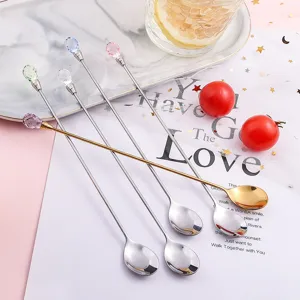 Long handle crystal stirring spoon set, stainless steel cocktail ice spoons for home bar.