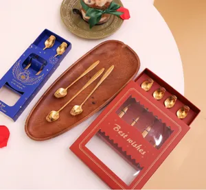 Gold rose long handle spoon set gift box dessert spoon stirring spoon cute tableware 4pcs