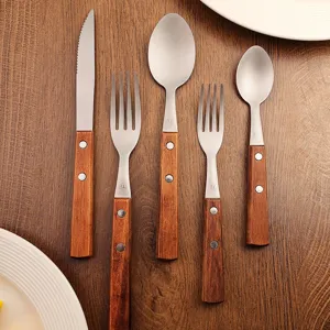 304 Stainless Steel Wooden Handle Steak Knife Fork Spoon Set Titanium Process Western Dinnerware Kitchen Tableware