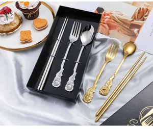 Detailed view of luxury stainless steel tableware set featuring elegant embossed rose design.