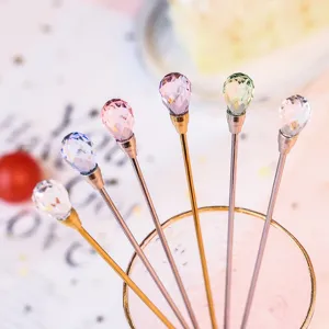 Stainless steel crystal stirring spoon with colorful diamond top for dessert and cocktail bar.