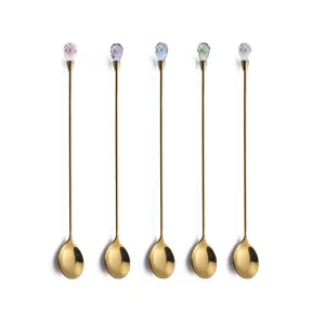 Gold long handled crystal spoons set, elegant stainless steel stir spoons for dessert cocktail.