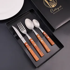 Stainless steel wooden handle cutlery set 4-piece kitchen tableware knife fork spoon