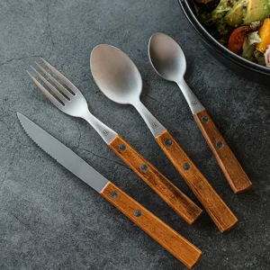 Stainless steel wooden handle cutlery set knife fork and spoon 4-piece tableware main view