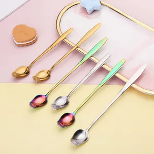 Creative rose shaped long handle spoons set, colorful stainless steel stirring dessert spoons for coffee cup.