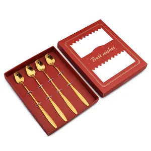 Gold rose long handled spoons gift set 4 pcs for coffee dessert cake stirring and party use.